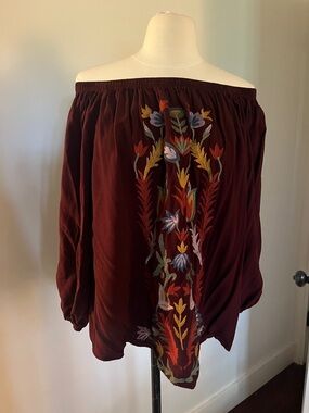 Solitaire Burgundy Off-Shoulder Embroidered Blouse